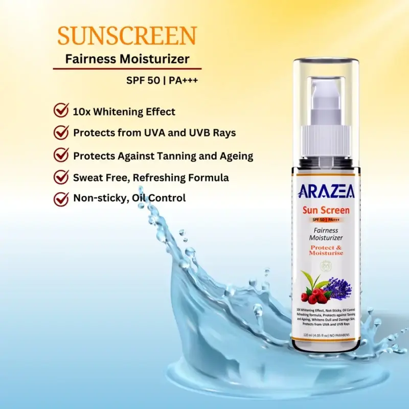 Arazea Sunscreen Fairness Moisturizer | SPF 50 PA+++ | UVA/UVB Protection | Men & Women | 120 ml - Image 3